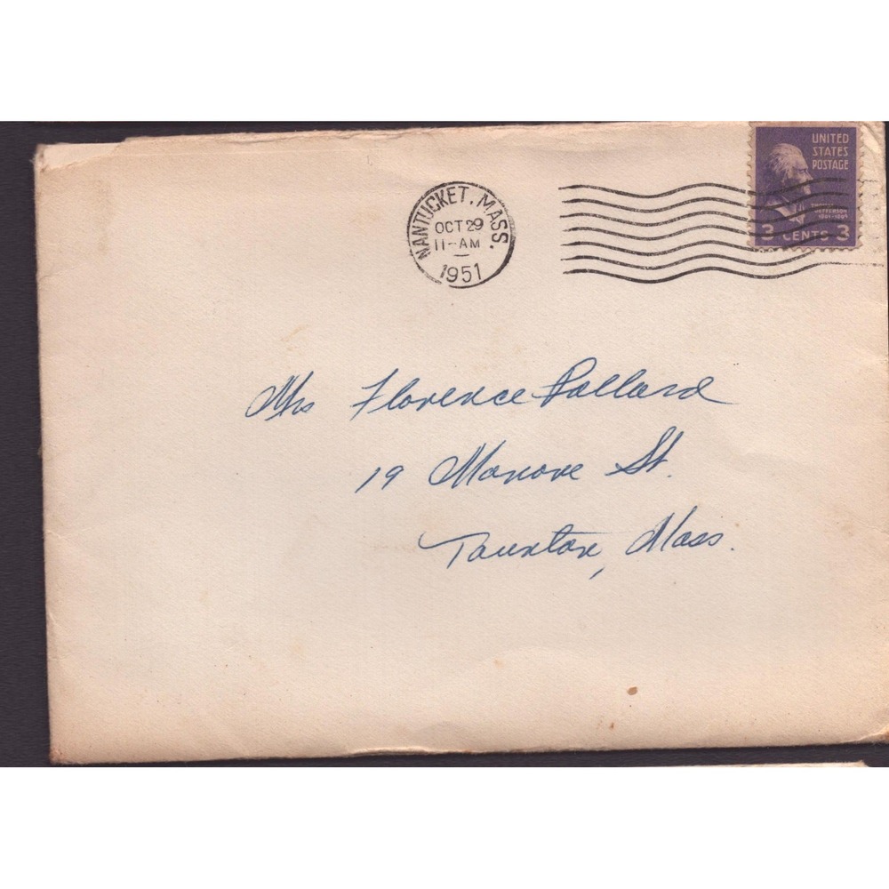 1951 Postal Cover Nantucket MA to Taunton MA 3c Jefferson Stamp Cancel - Picture 1 of 2